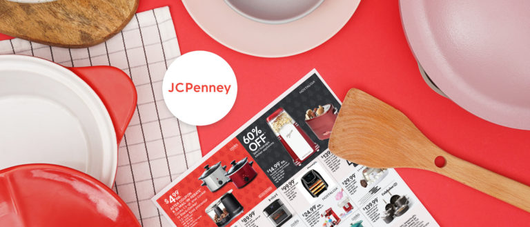 JCPenney flyer on red background surrounded by cooking utensils