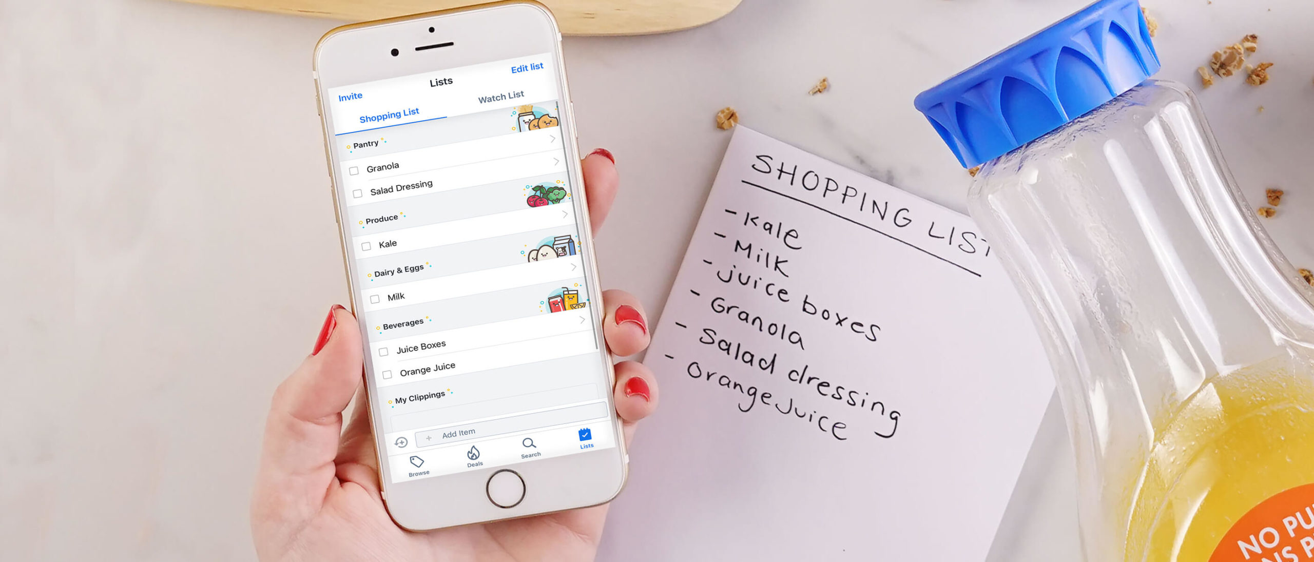 Hand holding a phone open to the Flipp app showing the shopping list feature.