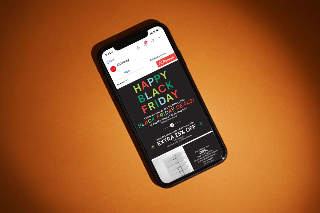 Phone showing the JCPenney Black Friday flyer within the Flipp app.