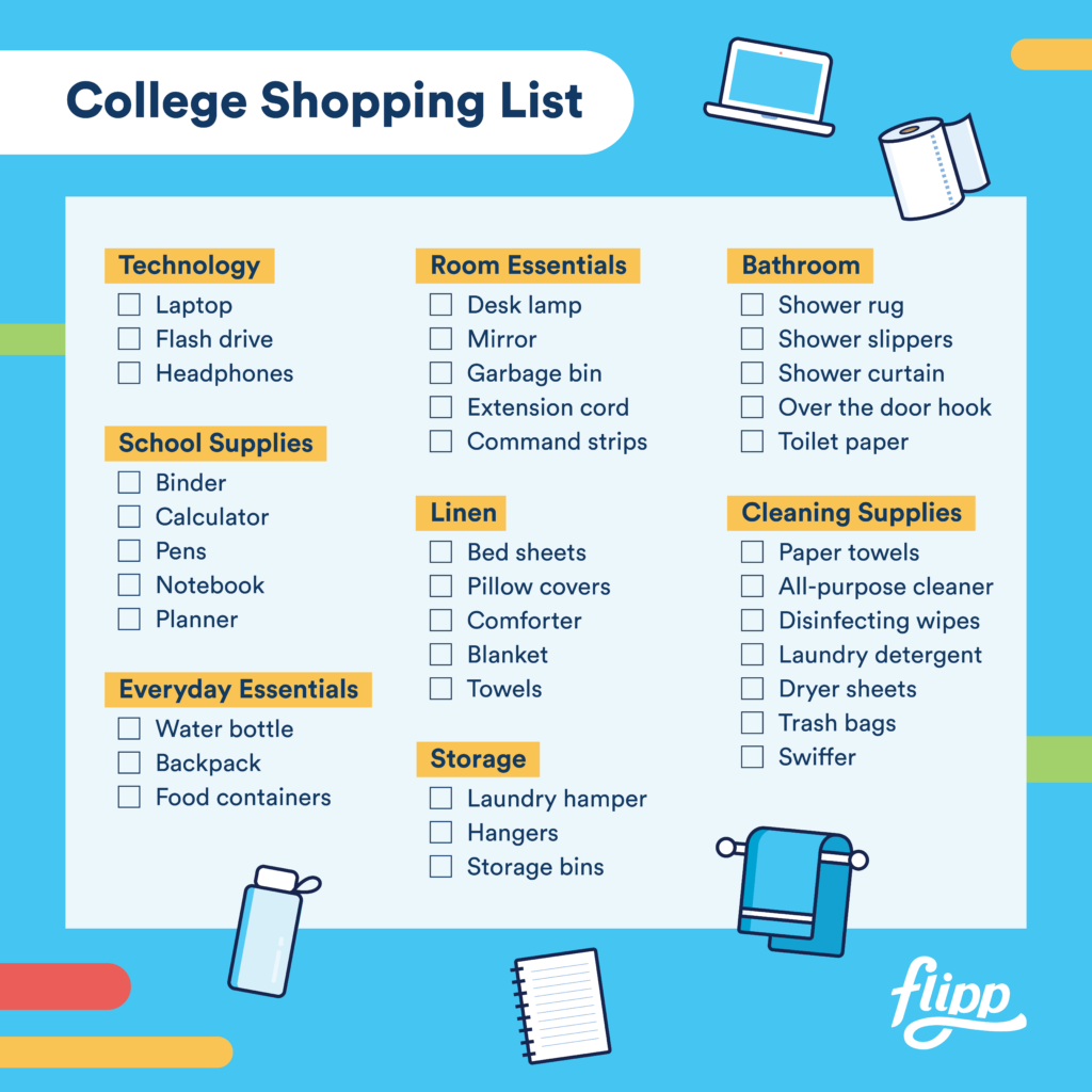 College school supplies, College shopping list, College supplies