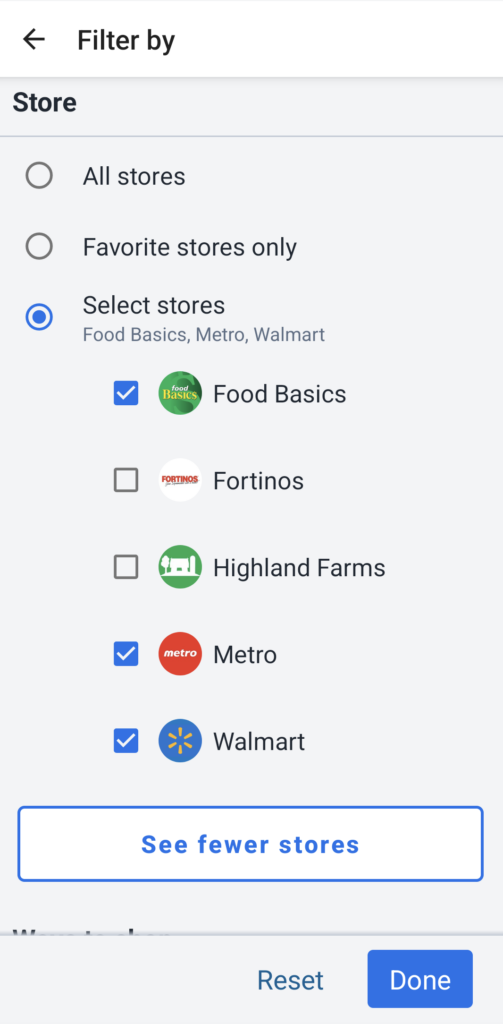 Use filters on Flipp to search deals at stores you want